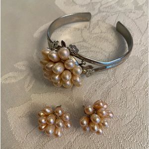 Vintage pink cluster pearl bracelet and earrings set. Silver toned metal.